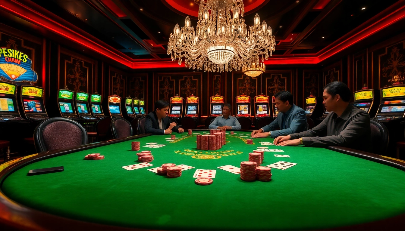 Pahala4d players enjoying a thrilling poker game at an upscale casino table surrounded by slot machines.