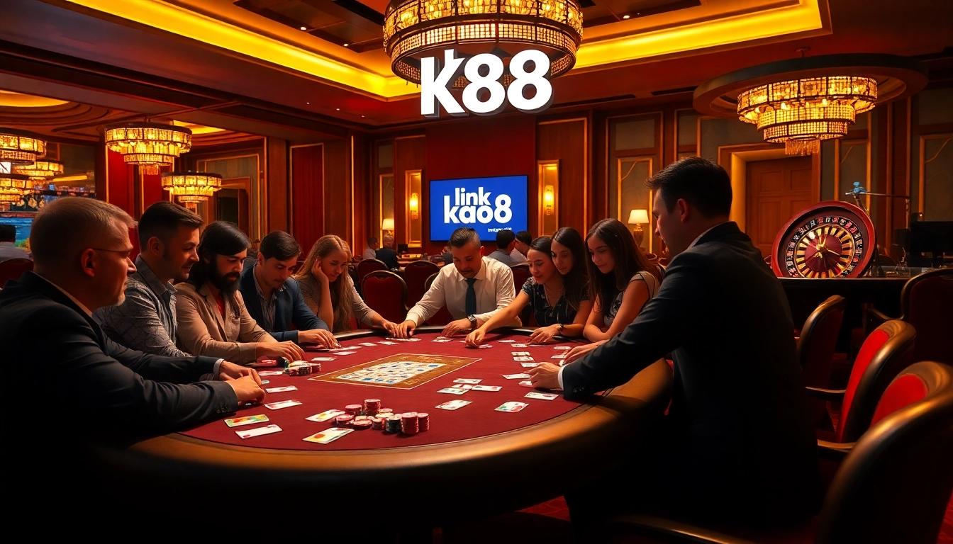 Experience high-stakes excitement as players engage at the poker table, featuring link K88 prominently.