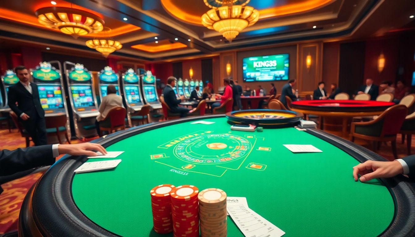 Experience thrilling gaming action at king333.club with a luxurious casino atmosphere, featuring vibrant games and excited players.