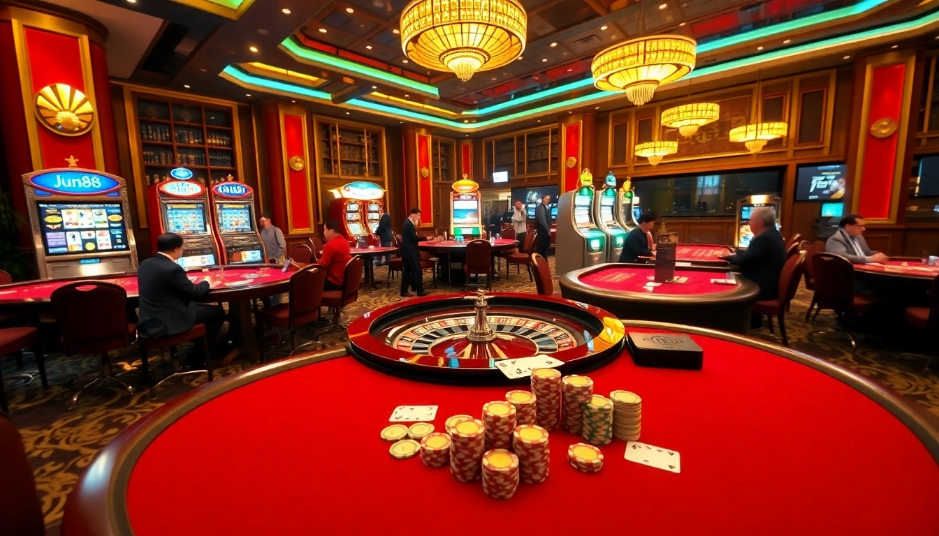 Experience exhilarating gambling with Jun88's luxurious casino atmosphere featuring Baccarat and slot machines.