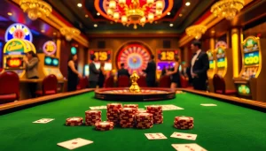 Experience thrilling gambling at J8's luxurious casino tables with poker chips and cards.
