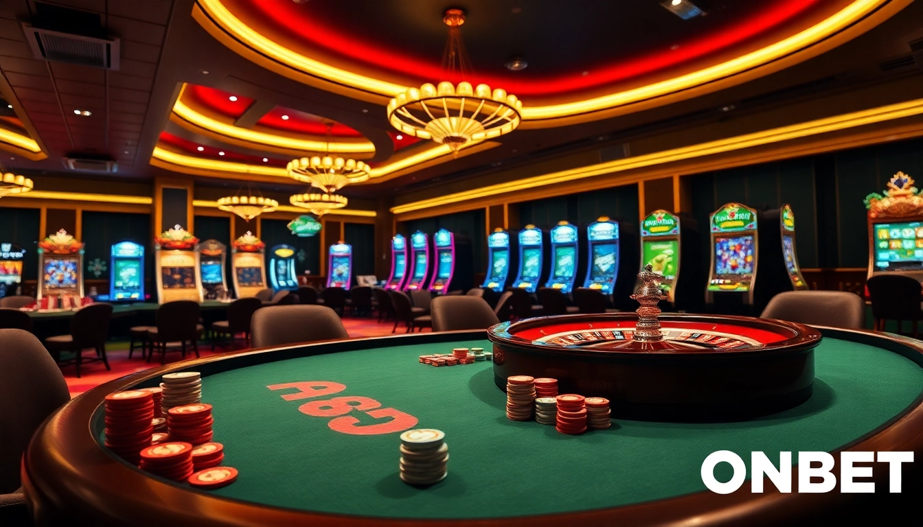 Exciting casino scene showcasing ONBET with poker chips and roulette wheel elements.