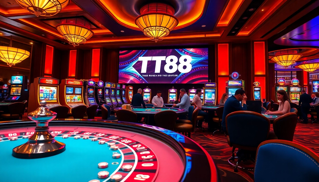 Exciting gambling action at TT88 casino with roulette and blackjack tables featuring colorful poker chips.