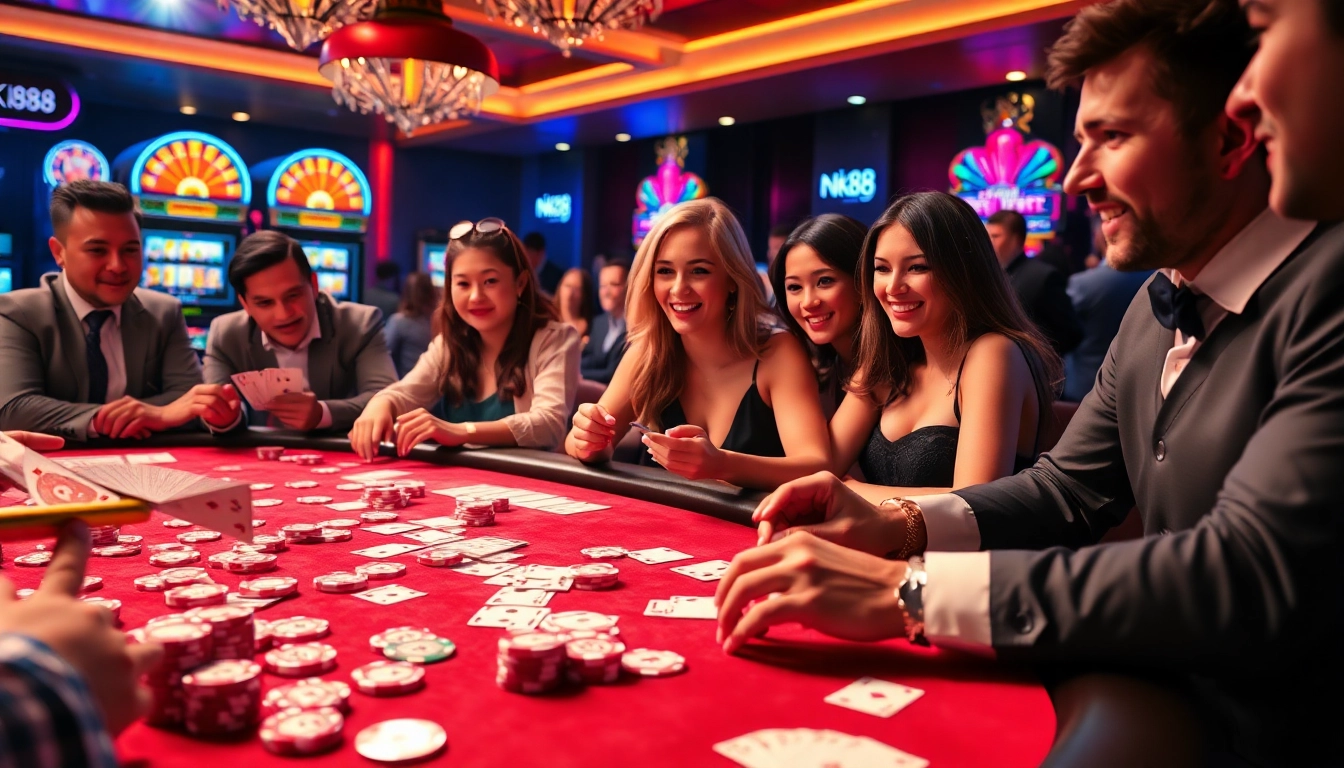 Excited players engaging at the nk88 poker table with vibrant casino elements.