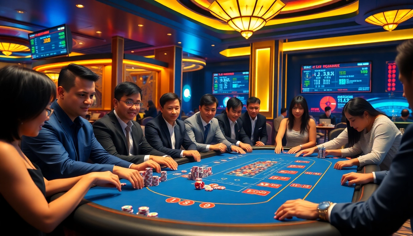 Play tài xỉu online amidst a luxurious casino atmosphere filled with excitement and vibrant colors.