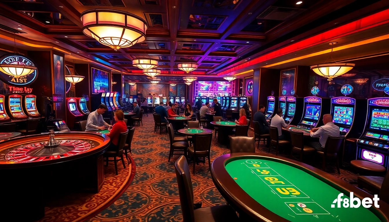 Excited players engaging in casino games with F8bet branding in a luxurious setting.