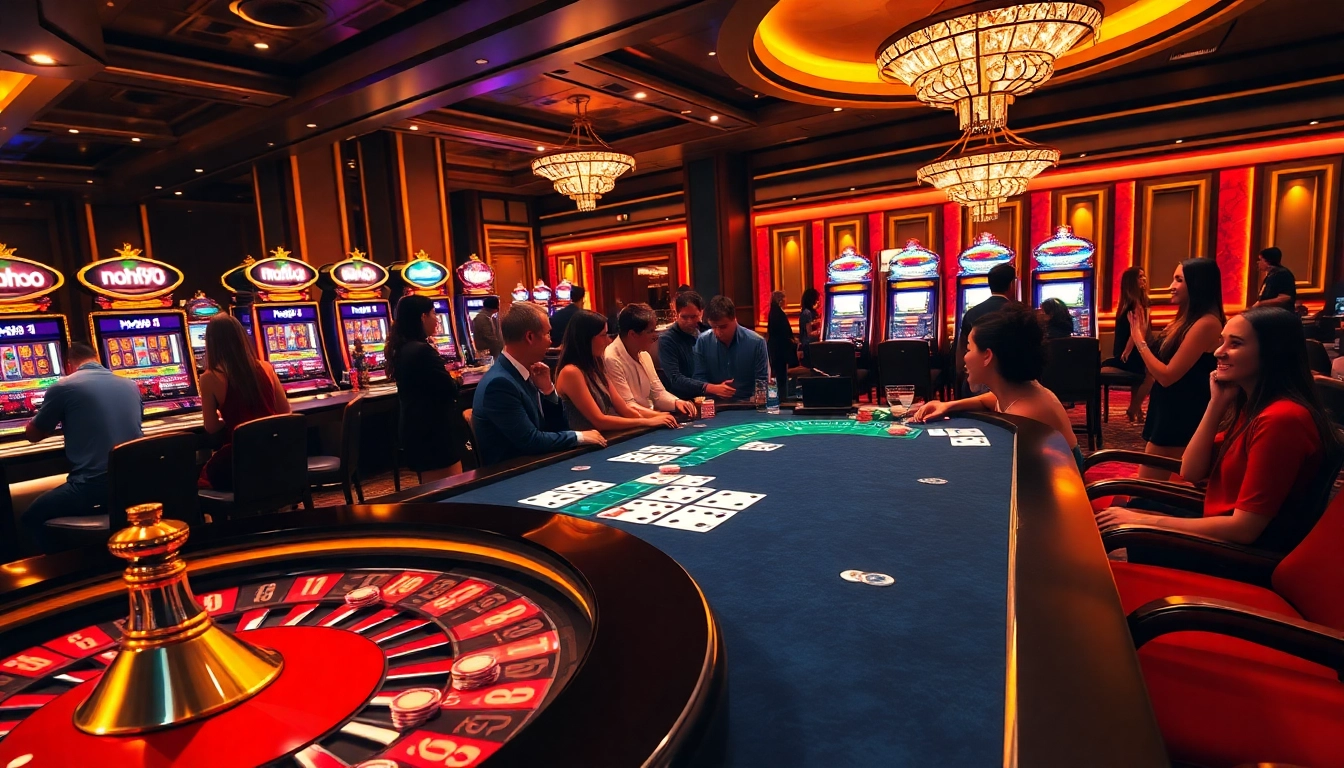 Players enjoying the thrill of gambling at nohu90 with vibrant casino tables and slot machines.
