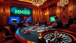 Experience high-stakes gambling at MM88 with vibrant poker tables and luxury decor.