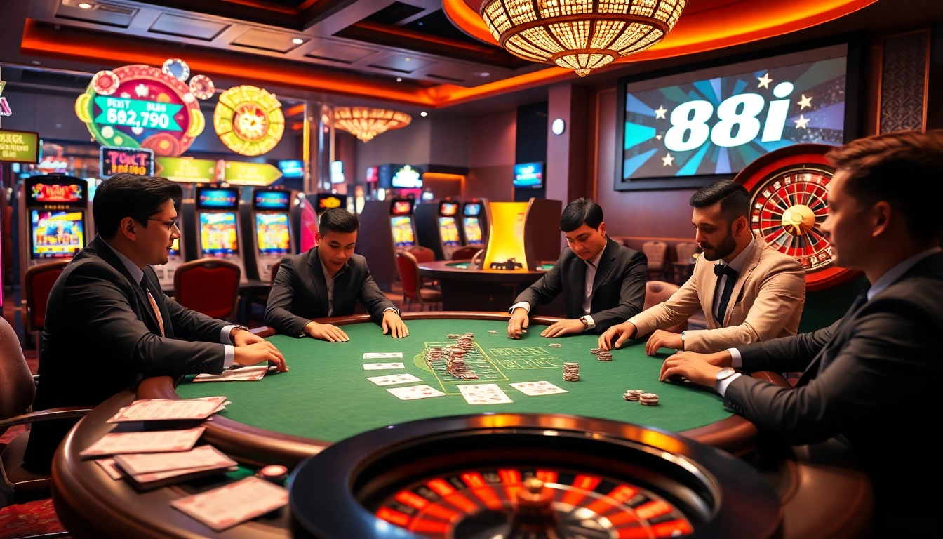 Exciting poker game at 88i casino with vibrant atmosphere and luxury elements.