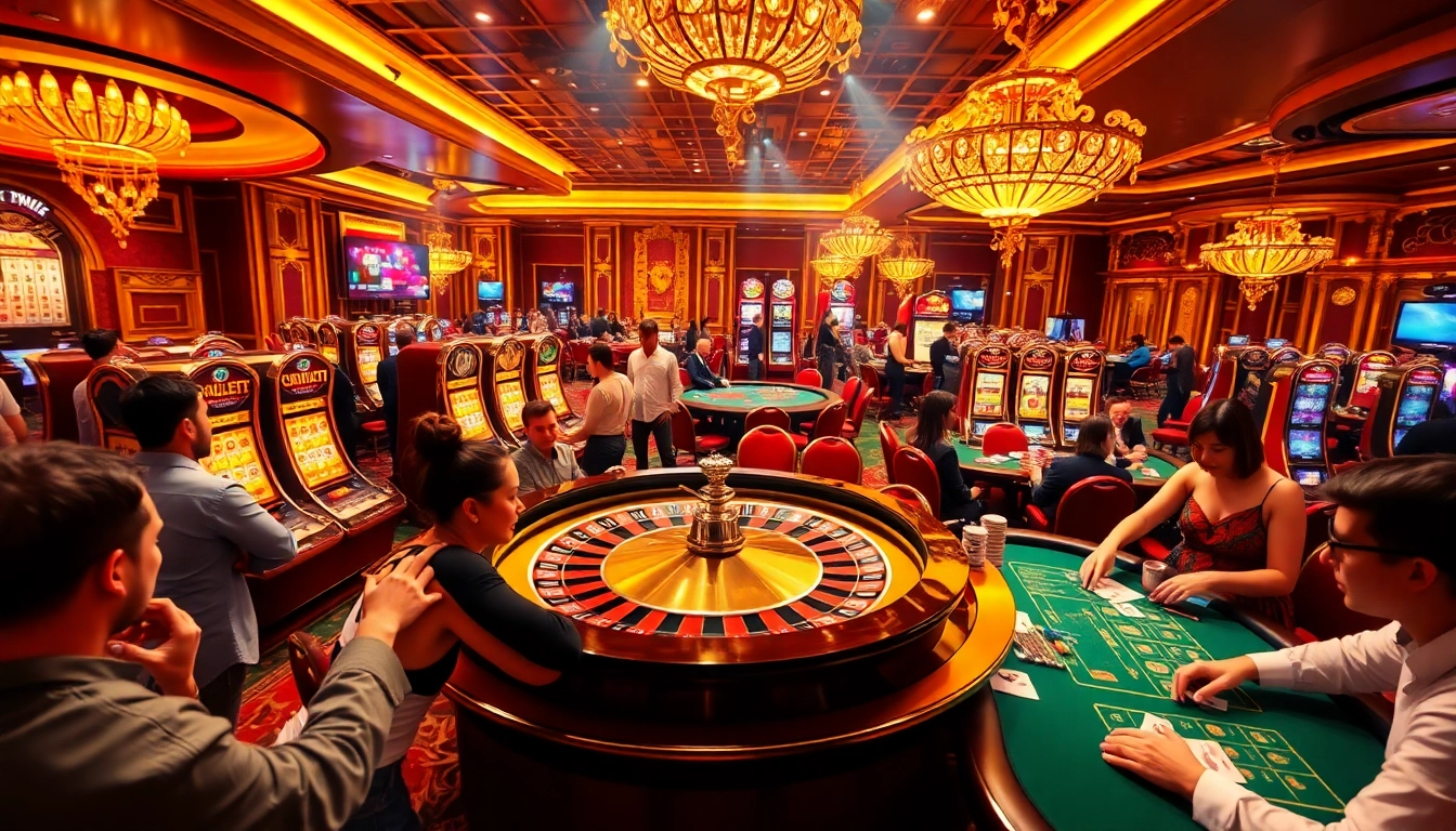 Action-packed scene of casino gaming with 789win's vibrant atmosphere, showing roulette, slots, and poker tables.