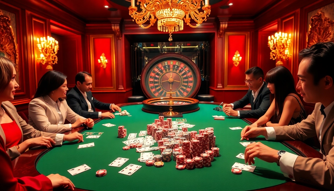 Players engaging at a high-stakes poker table exemplifying 555win's thrilling gambling atmosphere.