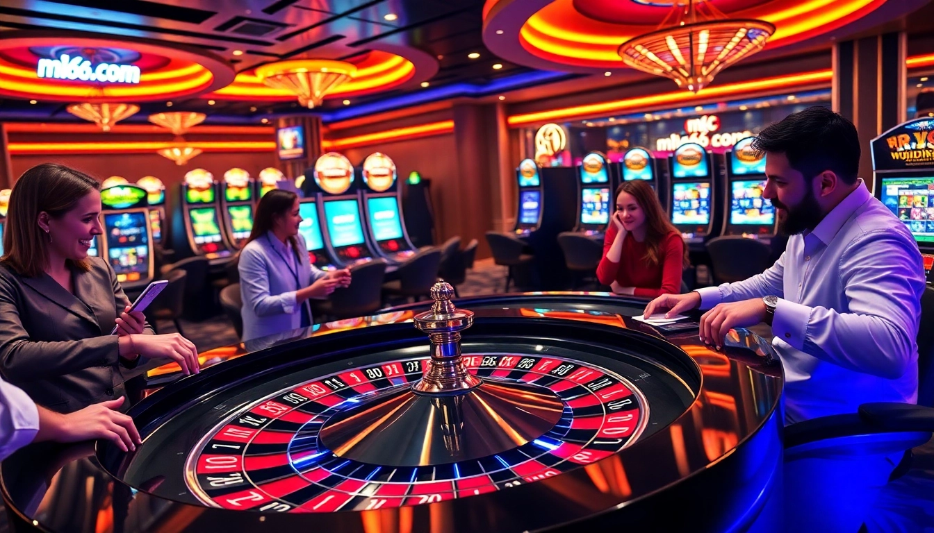 Players enjoying a thrilling game at mb66.com with roulette, poker chips, and slot machines.