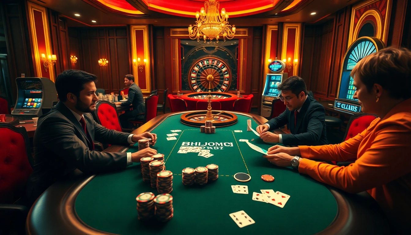 High-stakes poker game in a luxurious casino atmosphere featuring elements from https://kk55.fit/