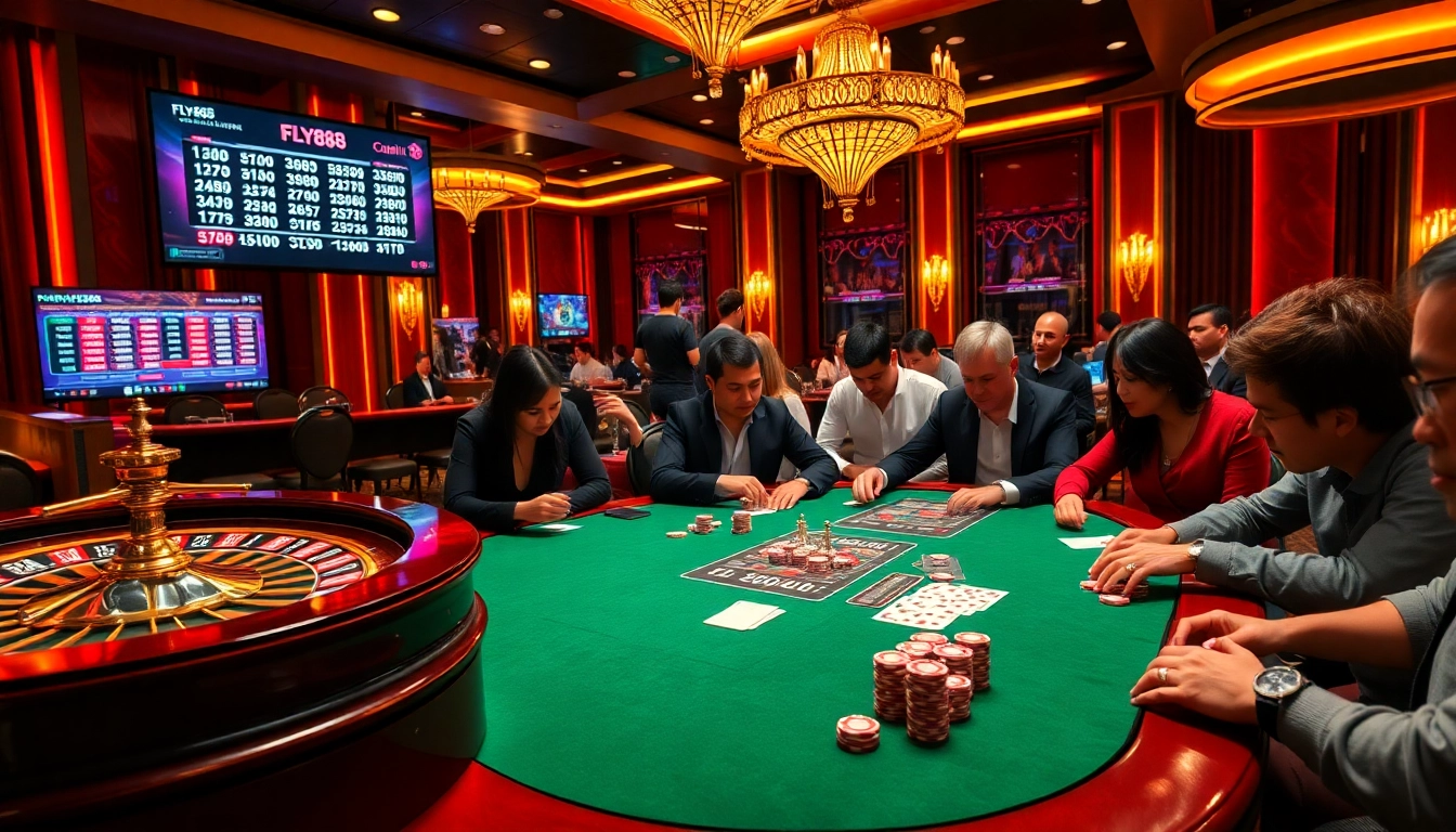 Players engage in a thrilling poker game at FLY88, surrounded by vibrant casino elements.