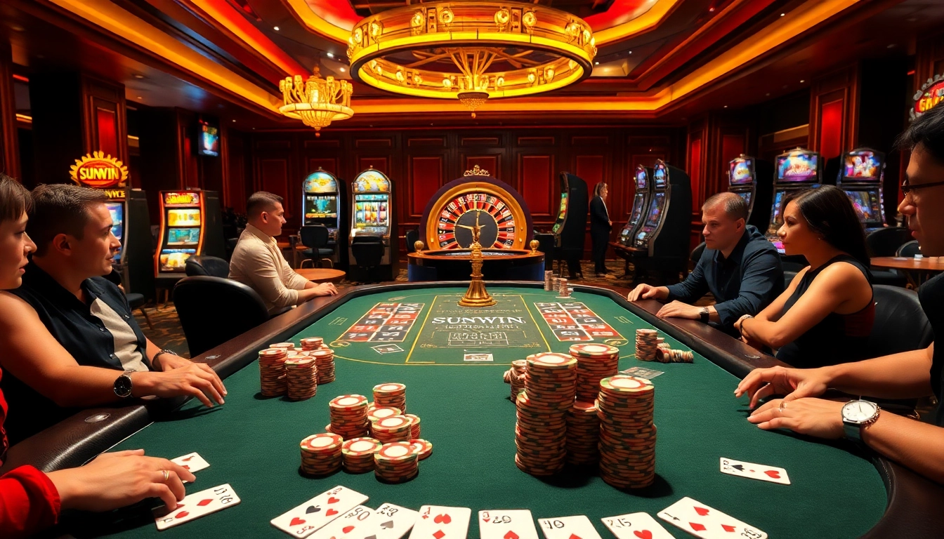 Excitement of players at Sunwin gaming table, with vibrant cards and glowing slots.