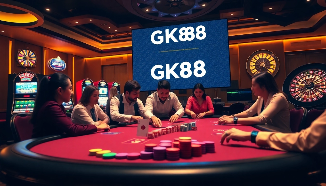 Engaged players at a glamorous casino table featuring GK88, cards, and colorful poker chips.