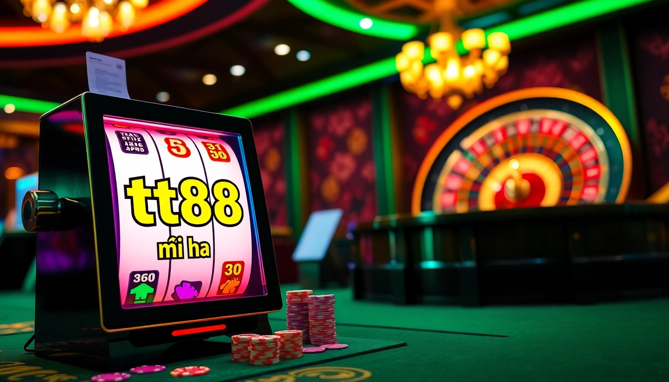 Engage with tt88 nổ hũ at a luxurious casino featuring vibrant slot machines and dynamic gaming elements.