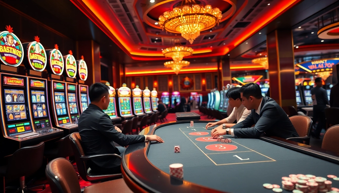 Engaging players at situs apiraja88 enjoy vibrant slot machines and poker tables in a luxurious casino.