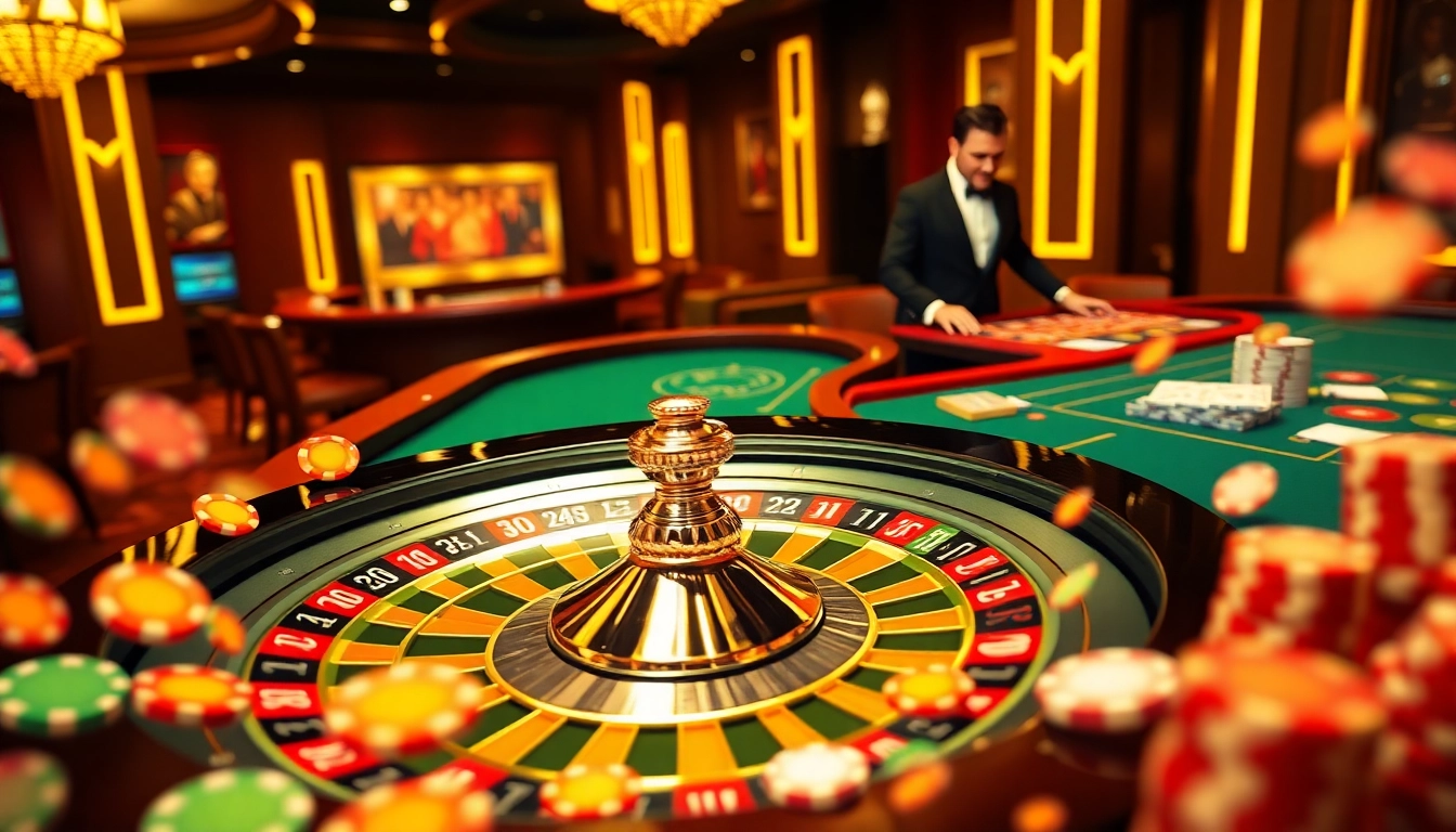 Experience the excitement of roulette with https://go88vn.id/, featuring chips and a spinning wheel in a luxurious casino.