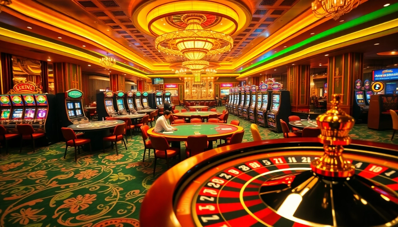 Experience the thrilling atmosphere at Luckywin casino with players enjoying poker and vibrant slot machines.