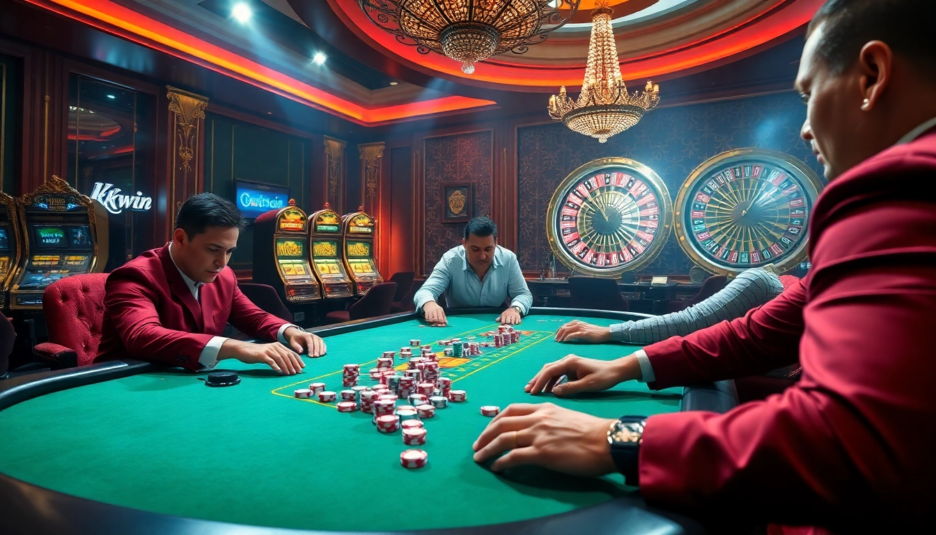 Engaged players strategizing over a kkwin poker table surrounded by vibrant casino elements.