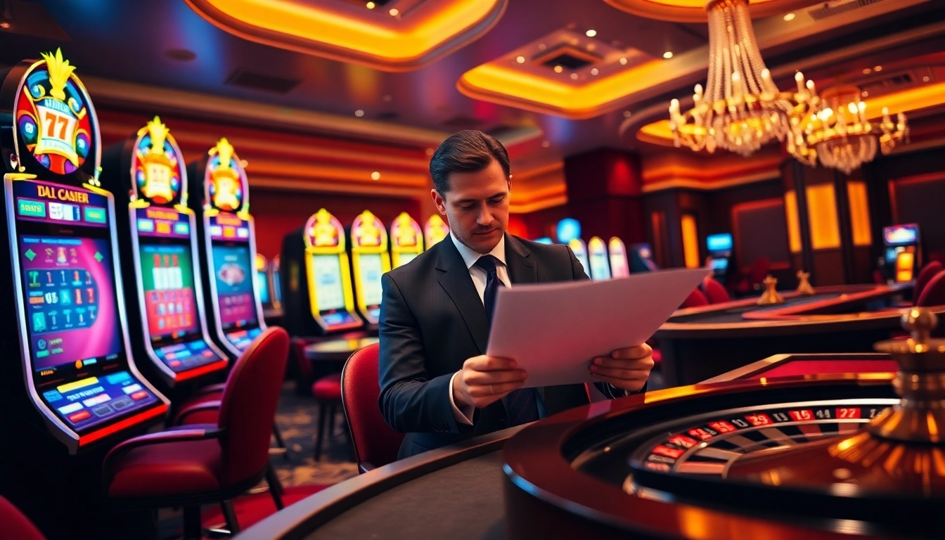 Engaging scene of an immigration lawyer melbourne reviewing documents amidst vibrant casino games.
