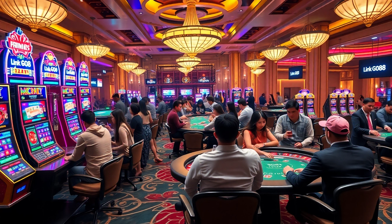 Experience thrilling gameplay at Link Go88 with vibrant casino tables and excited gamblers.