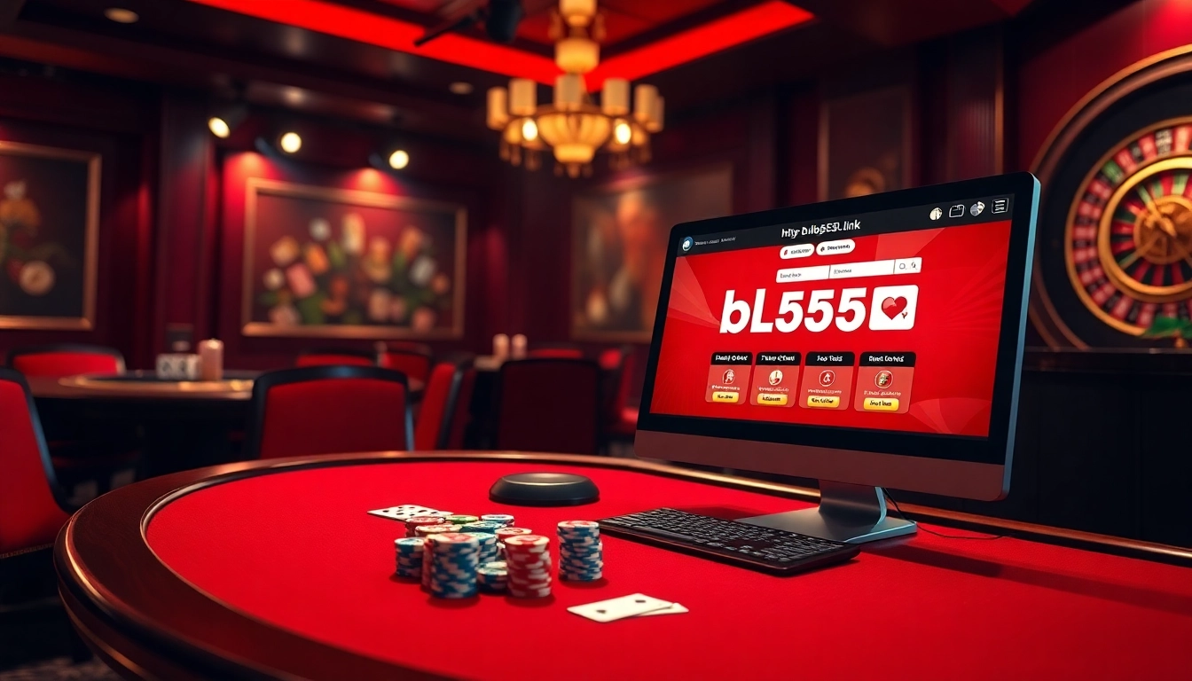 Experience online gambling excitement at https://bl555.link/ with vibrant casino elements like poker chips and dice.