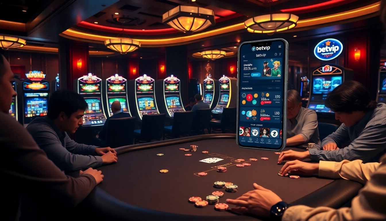 Trải nghiệm ứng dụng BetVIP tại bàn poker sòng bạc đầy sắc màu với người chơi và những quân chip đa sắc.