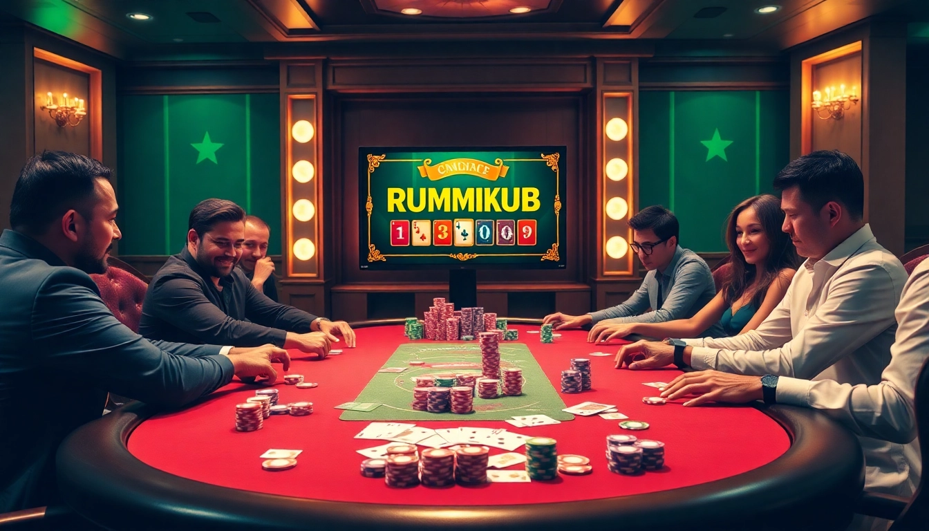 שחקנים נהנים מרמיקוב אונליין על שולחן פוקר עם צ'יפים צבעוניים וקלפים.