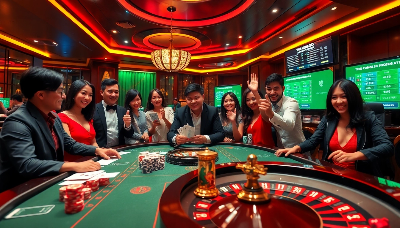 Players celebrating wins at a casino table while engaging with tylebongda kèo nhà cái betting odds displayed on screens.