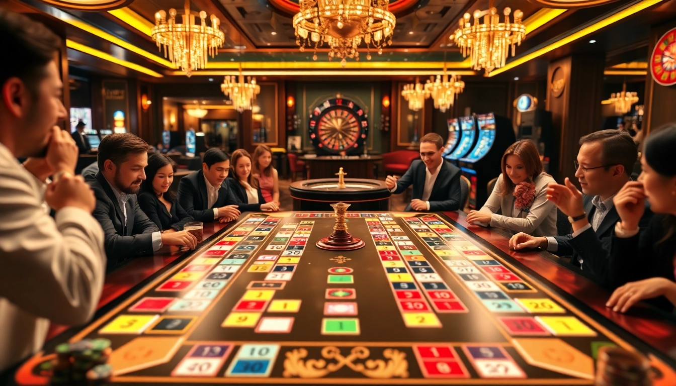 שחקנים נרגשים נהנים מרמיקוב אונליין על שולחן קזינו אלגנטי, מוקפים באריחים צבעוניים ואלמנטים של הימורים.