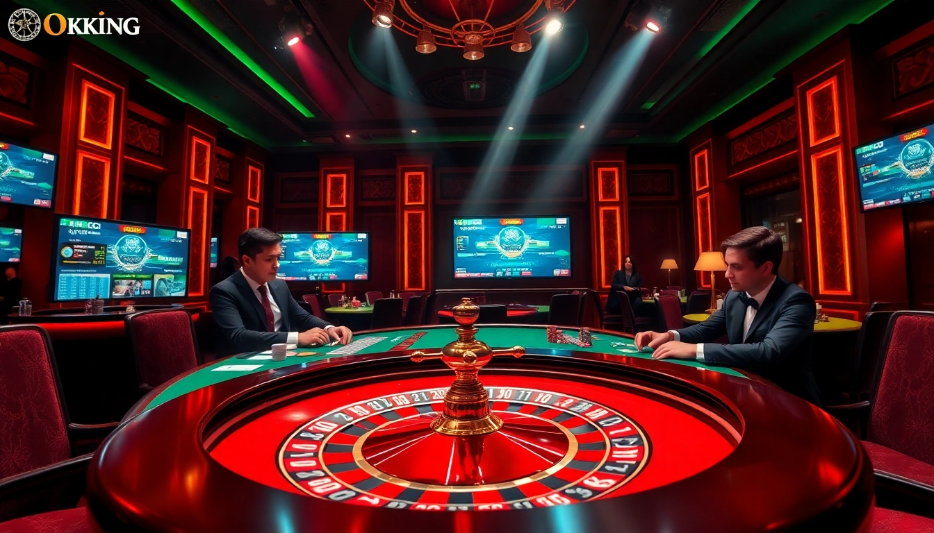 Experience the thrill of Nhà cái OKKING with a vibrant casino gaming scene showcasing roulette and poker.