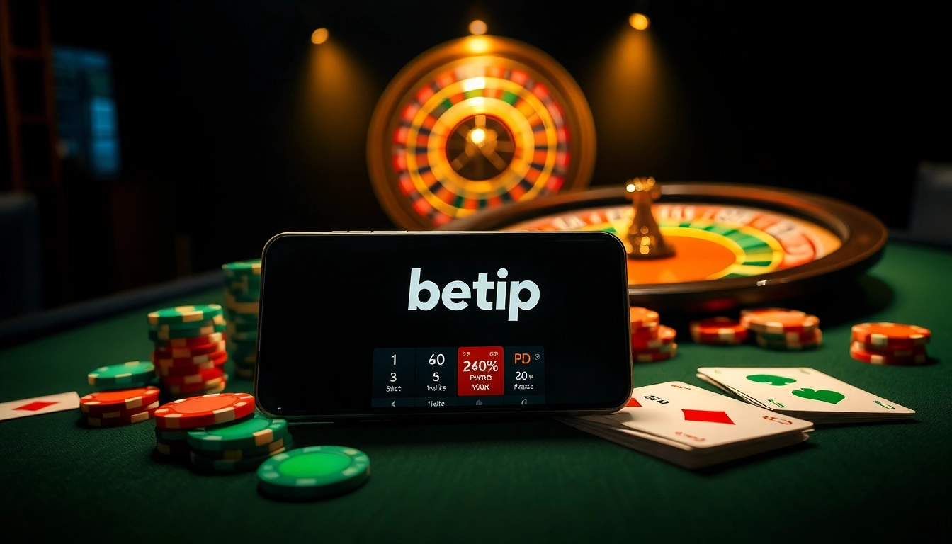 Hình ảnh hấp dẫn về một cảnh casino sang trọng, thể hiện ứng dụng BetVIP trên smartphone.