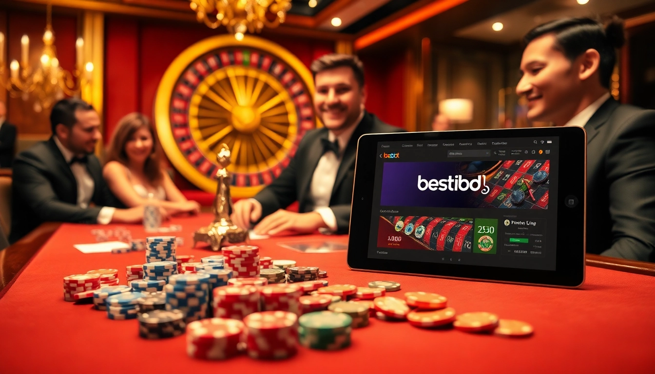Experience the thrilling atmosphere of betbdt, featuring vibrant casino tables and engaged players experiencing excitement.