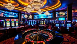 JILI slot machines and casino tables create an exciting gambling atmosphere.