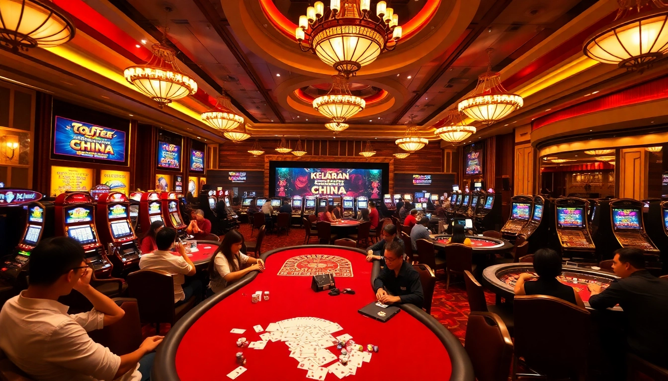 Engaging live draw of keluaran china capturing thrill with poker tables and vibrant slot machines.