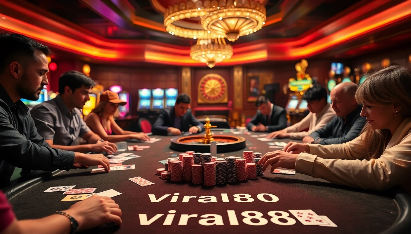 Viral88 gaming excitement across a luxurious poker table with players and vibrant casino elements.