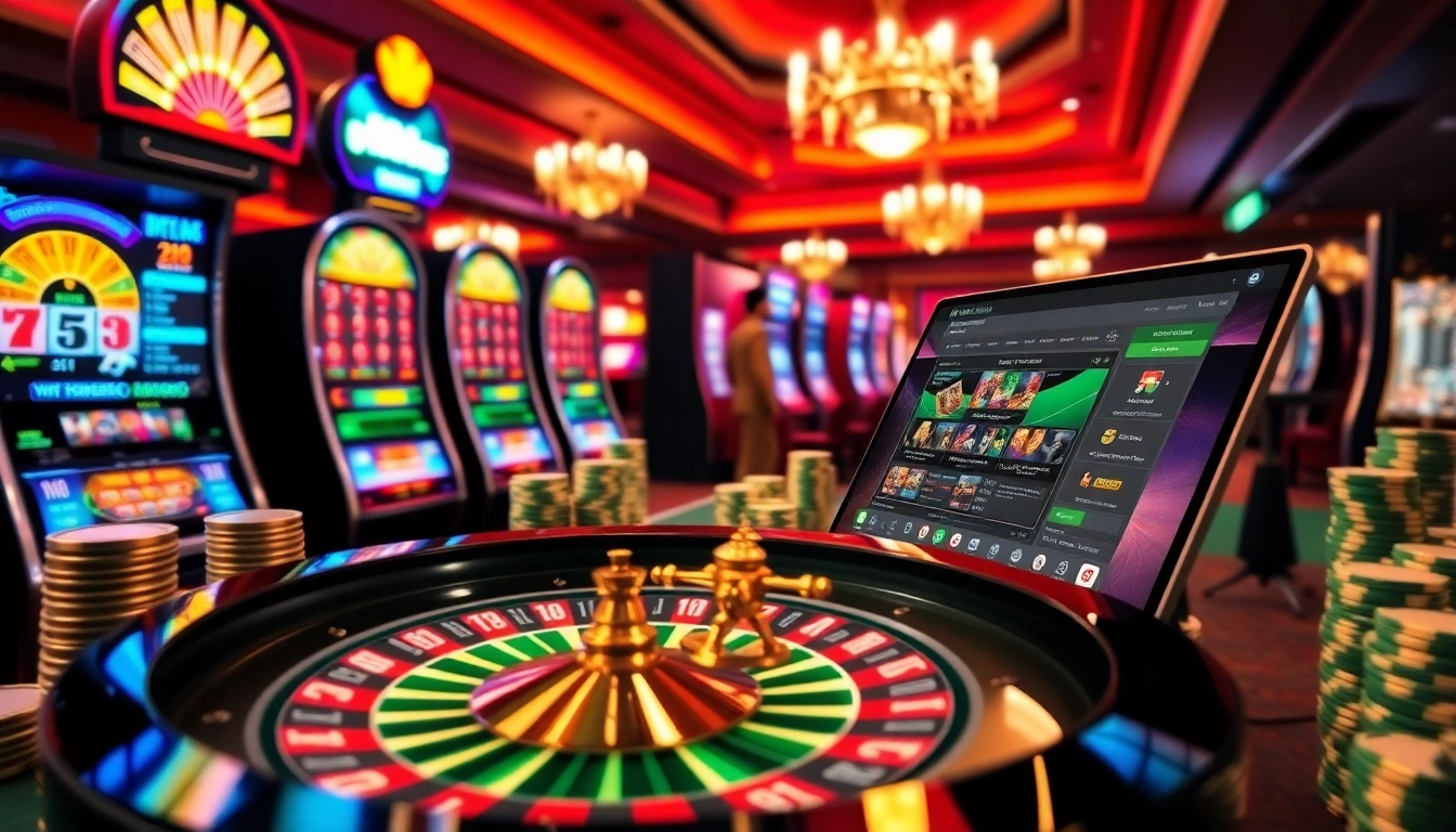 PHTAYA's vibrant online gaming atmosphere featuring roulette, poker chips, and slot machines.
