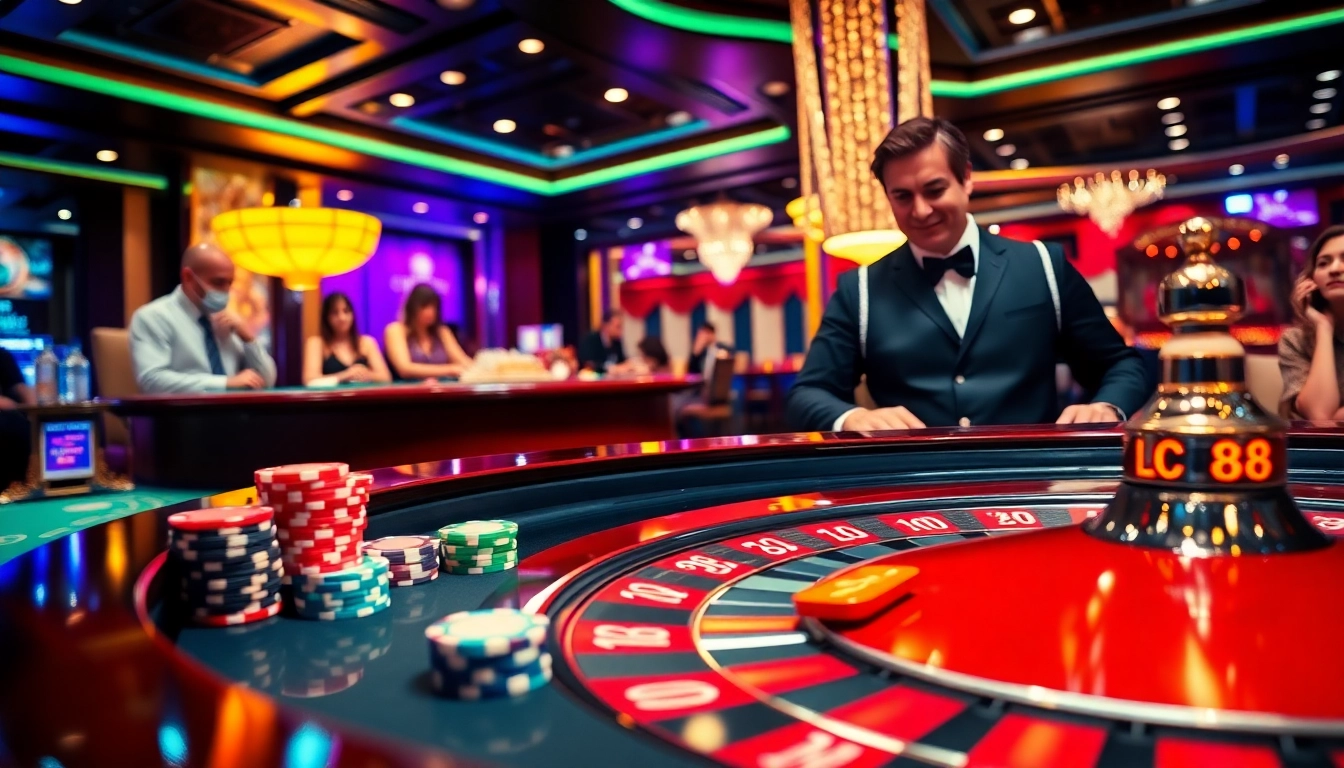 Exciting gambling scene with LC 88 neon signs at a vibrant casino roulette table.