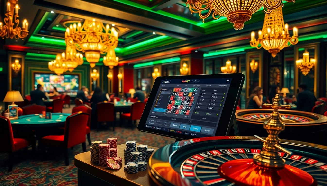 SBOBet sports betting interface immersed in a vibrant casino atmosphere with poker chips and roulette wheel.