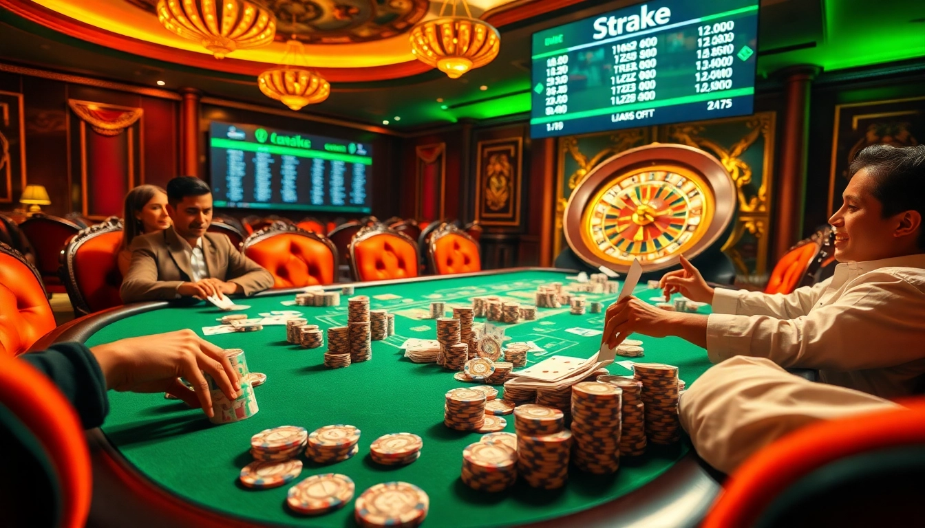 התרגשו מההימור על שולחן פוקר בקזינו תוסס, כששחקנים מעורבים בהימורים גבוהים.