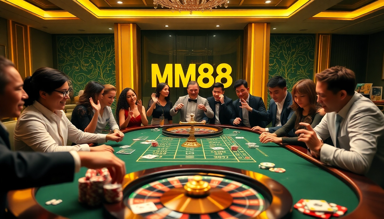 Players celebrating wins at an MM88 casino table, showcasing poker chips and a roulette wheel.
