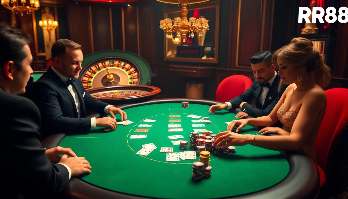 High-stakes poker action at RR88's luxurious casino table with players and colorful chips.