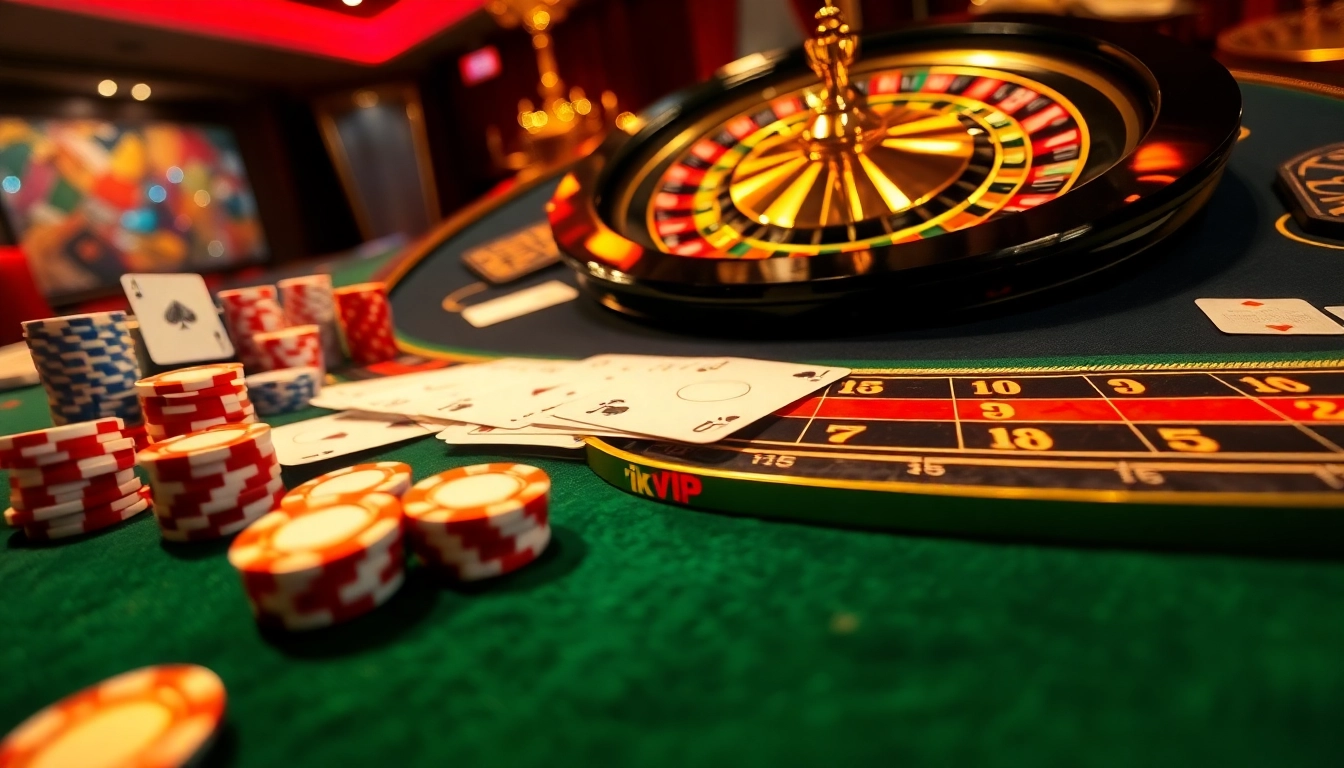Experience excitement at rikvip with a vibrant casino scene featuring cards and roulette.