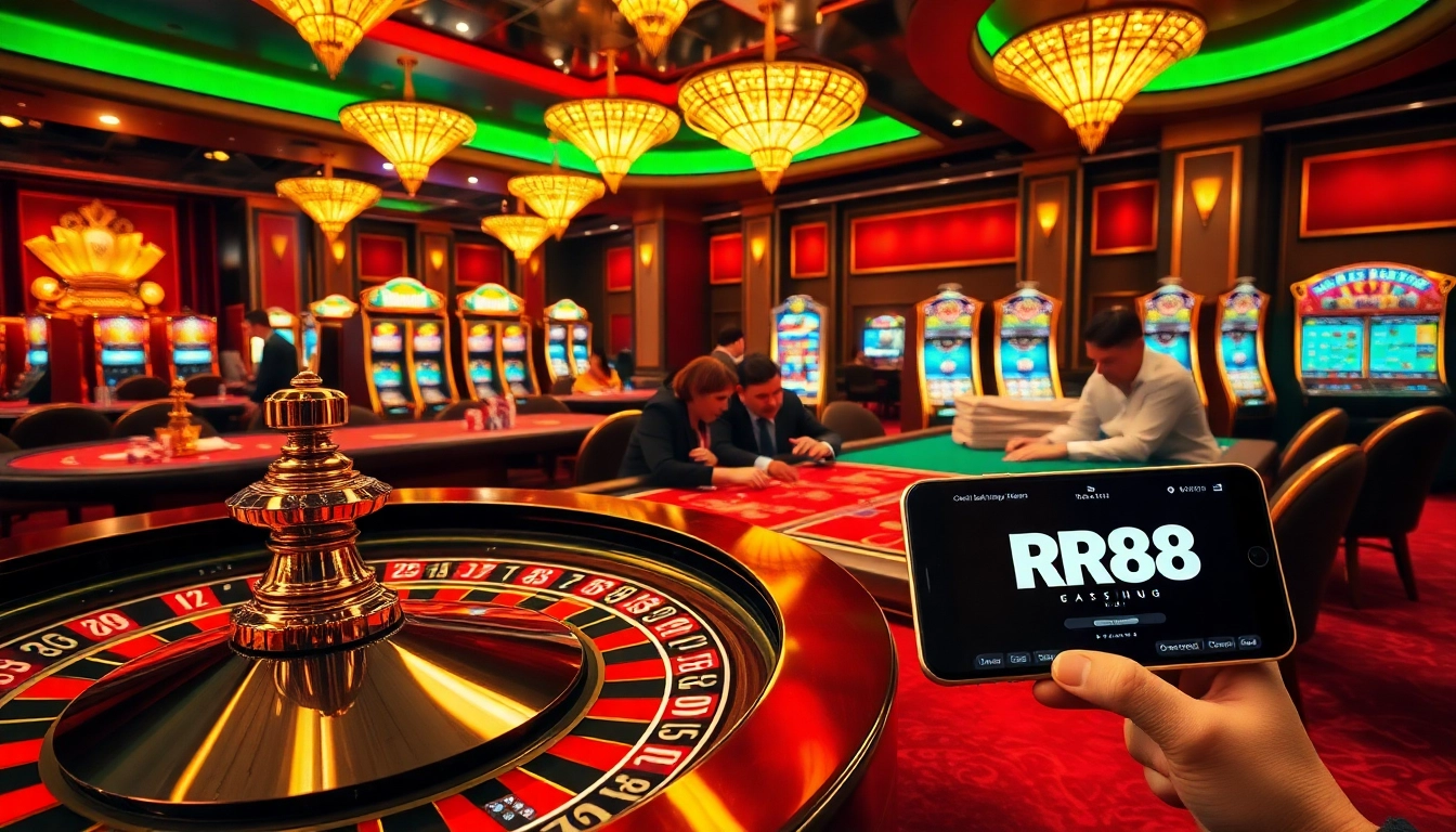 Experience the thrill of RR88 at a vibrant casino scene with poker players and glowing slot machines.