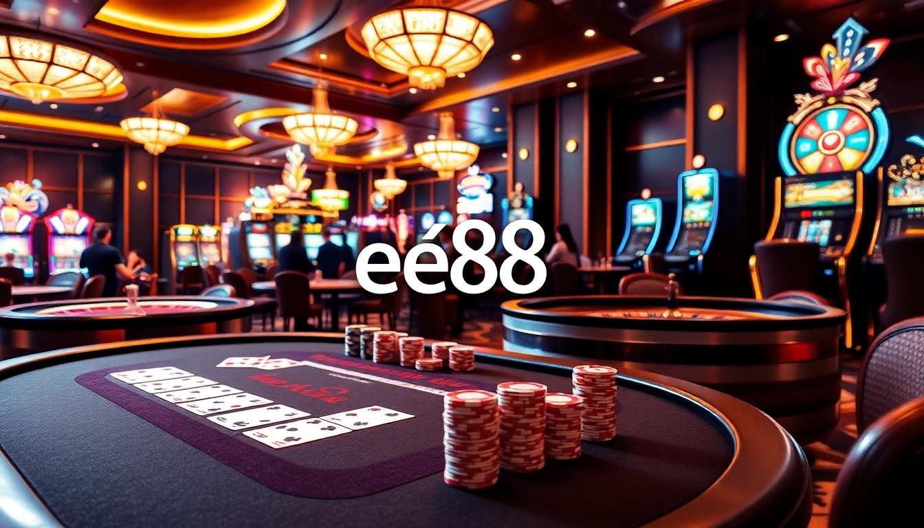 Experience excitement at ee88 with vibrant casino gaming tables and glowing slot machines.