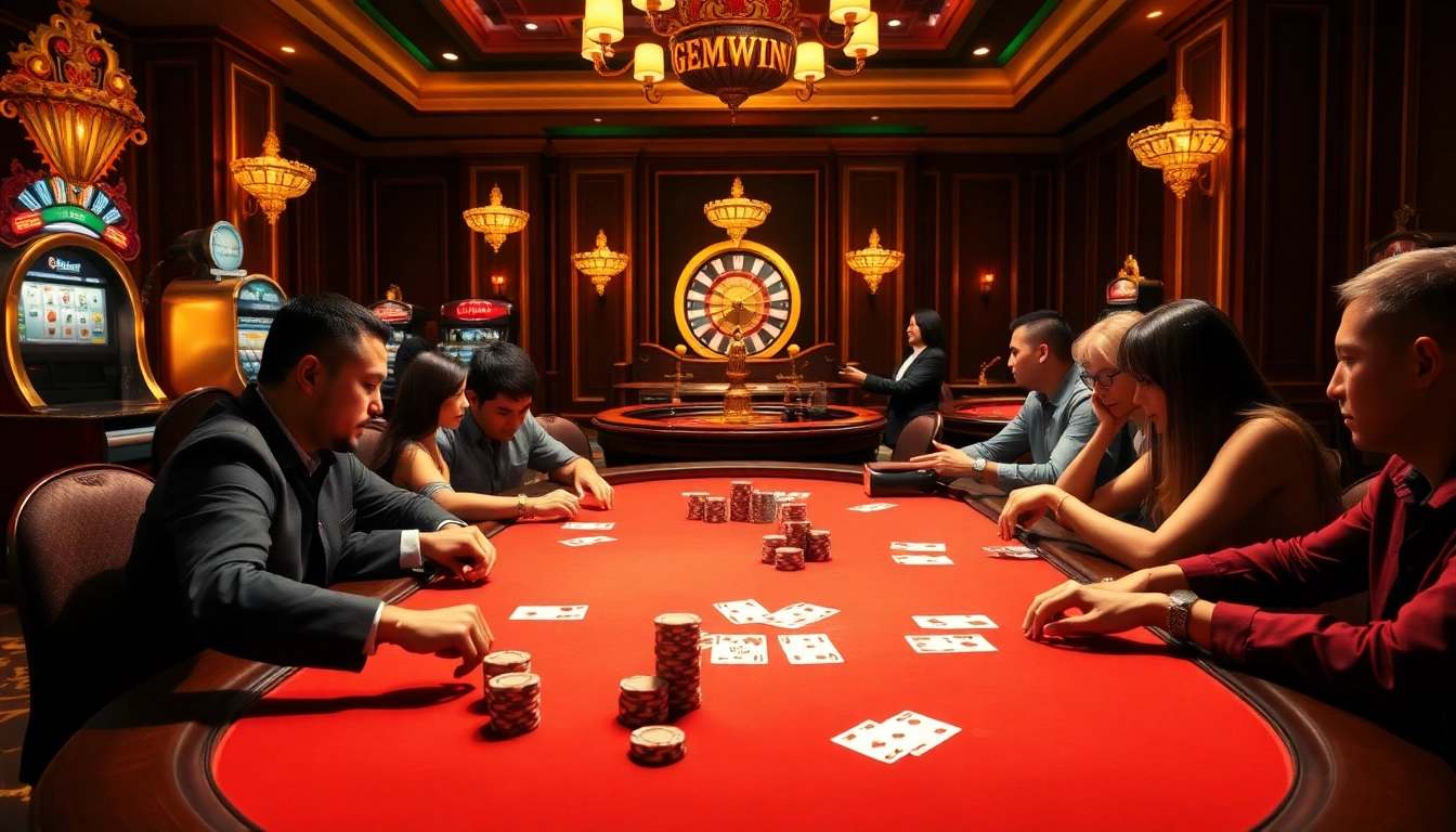 GEMWIN players strategizing at a luxurious poker table in an elegant casino environment.