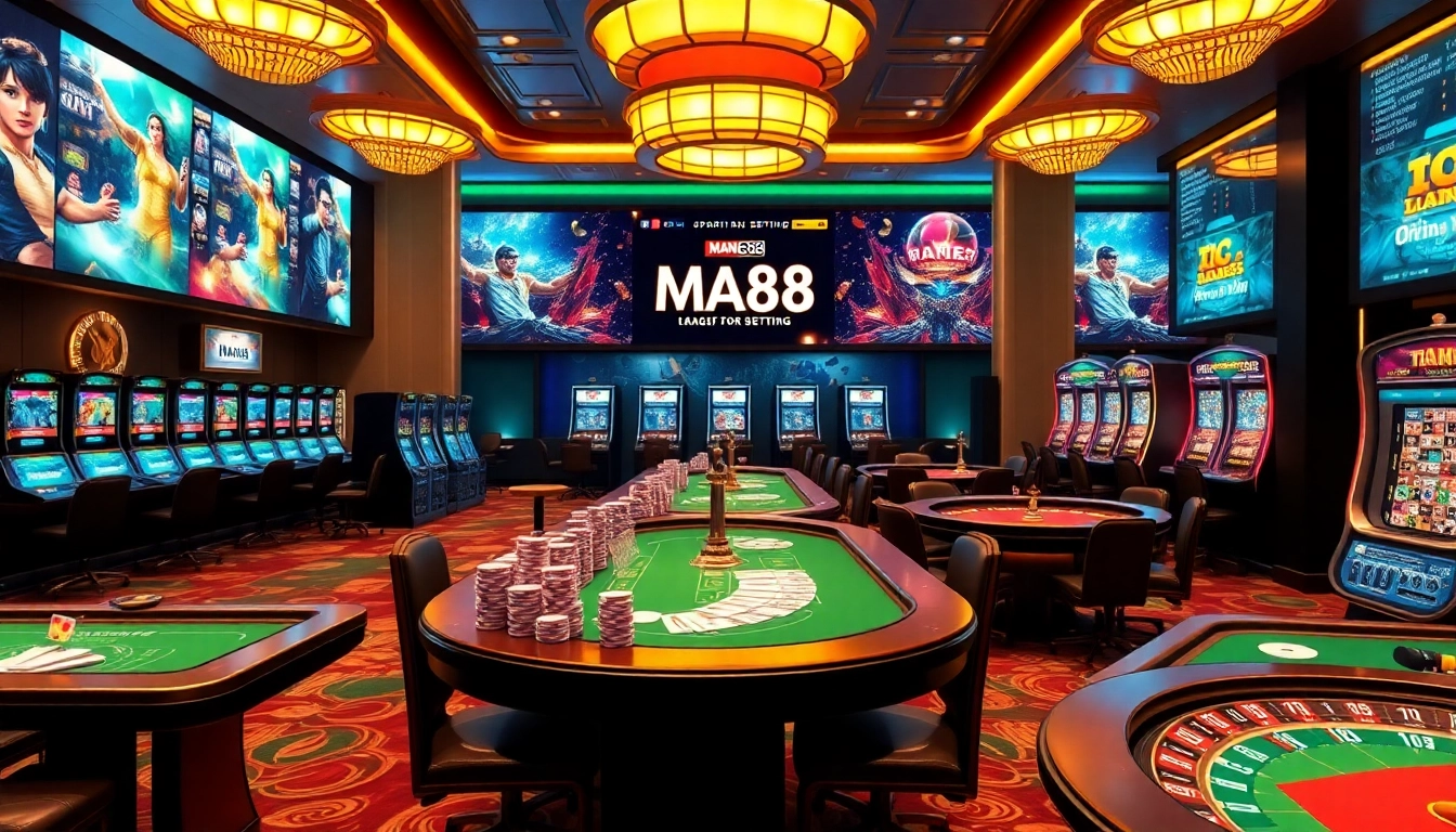 Betting on Man88 in a luxurious casino setting with vibrant tables and high-stakes excitement.