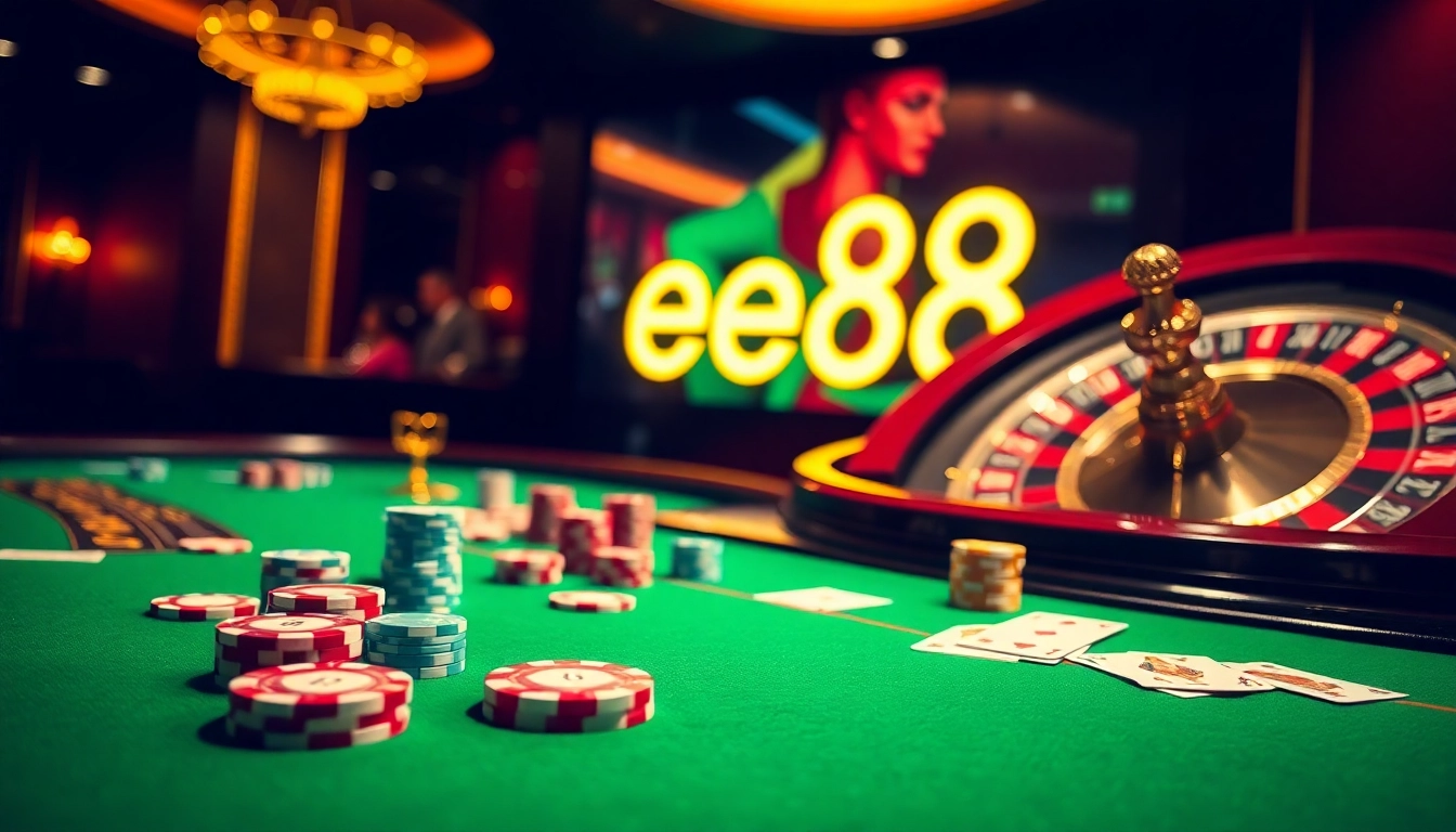 Engaging scene of players focusing on a high-stakes game of ee88e at a luxurious casino table.
